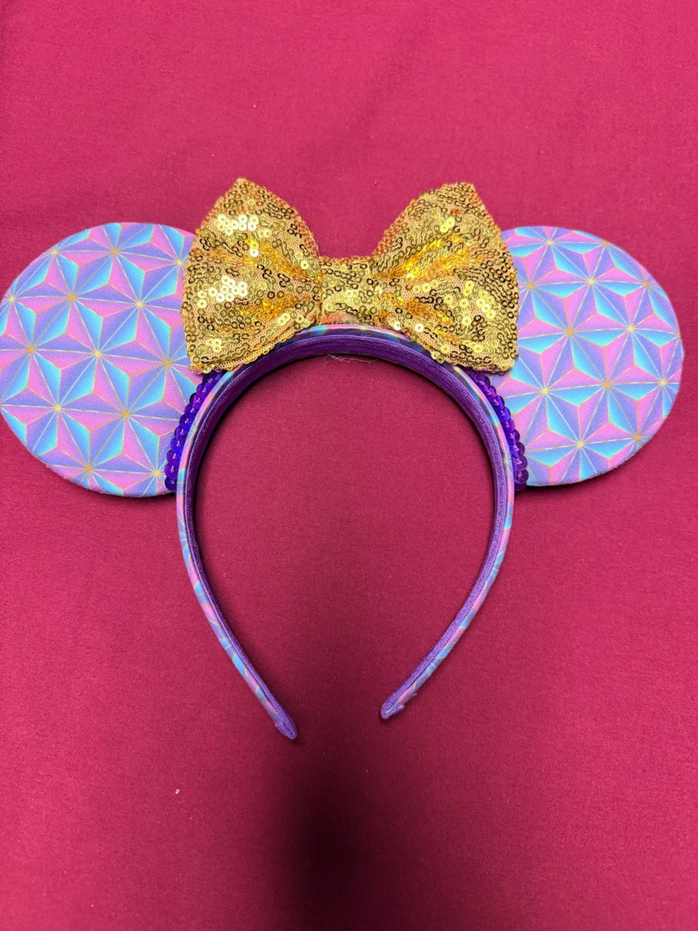 Disney Parks Epcot at Night Minnie Mouse Ears with Gold Sequin Bow